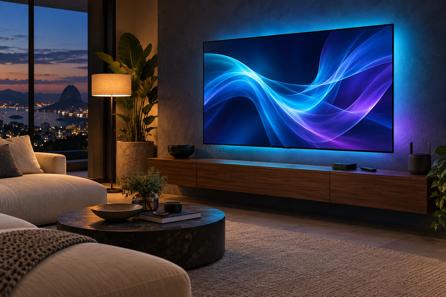 Cena ilustrativa criada com IA: sala moderna com Smart TV, TV Box e roteador genéricos em iluminação ciano